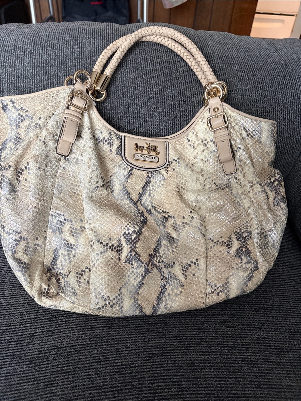Coach Beige Python Snake-Embossed Shoulder Bag with Braided Handles K1178-18948